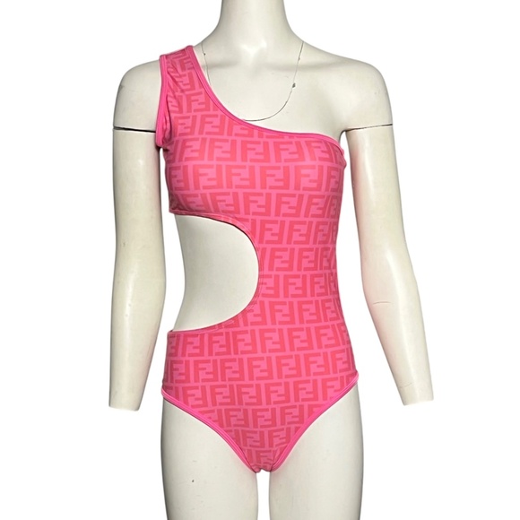 Fendi Women's Size XL Pink One Piece Swimsuit Cut Out Side FF LOGO One Shoulder - Picture 1 of 9